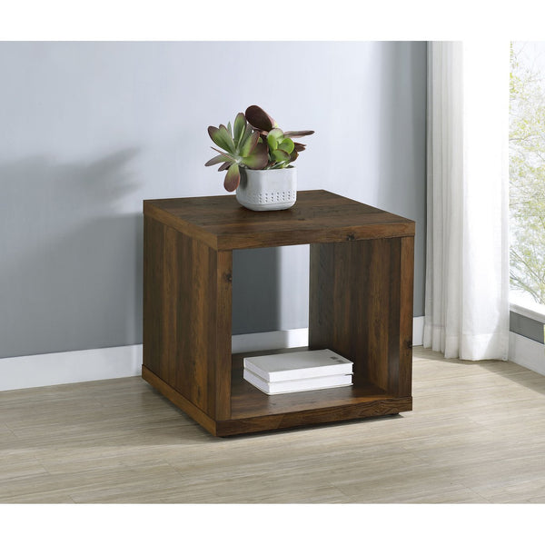 English Elm Flint Dark Pine Square End Table with Durable Melamine Finish, Modern Cubic Design for Living Spaces B062P299835