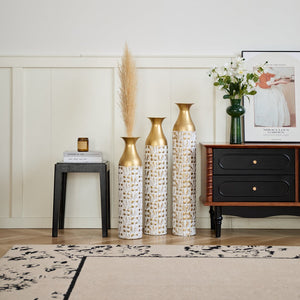 English Elm Mother's Gilded White 3D Relief Flower Metal Vase Set - Elegant Tall Cylinder Décor Trio, Gold Embossed Finish W2796P277632