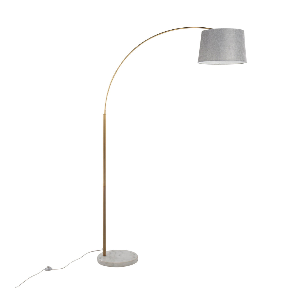 English Elm March Contemporary Floor Lamp - Elegant White Marble Base, Antique Brass Arc & Grey Linen Shade B202S01371