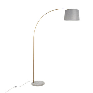 English Elm March Contemporary Floor Lamp - Elegant White Marble Base, Antique Brass Arc & Grey Linen Shade B202S01371