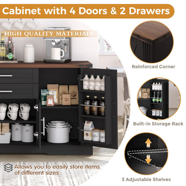 English Elm 63" Fluted Mdf Sideboard with Wood Tone Top Four Doors Three Drawers Dining Storage Black W2917S00012