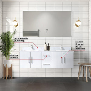 English Elm Glossy White Double Bath Vanity Set With Carrara Marble Top, Chrome Faucet & Led Mirror For Elegance B2731S00989