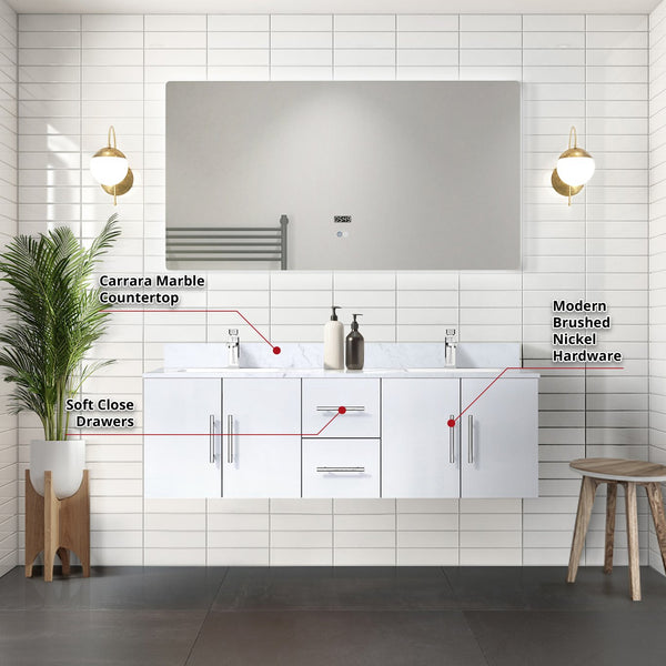 English Elm Glossy White Double Bath Vanity Set With Carrara Marble Top, Chrome Faucet & Led Mirror For Elegance B2731S00989