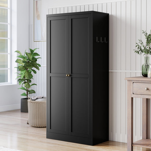 English Elm 61" Matte Black Steel Freestanding Pantry Cabinet with 4 Adjustable Shelves Modern Farmhouse T2398P465983