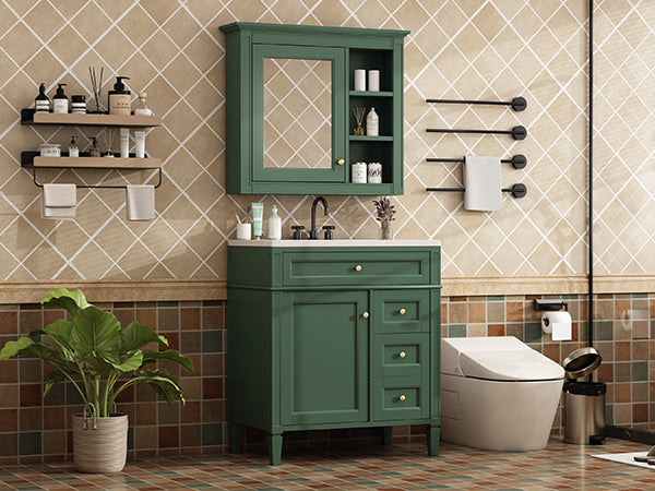 English Elm 30'' Bathroom Vanity Set With Mirror, Modern Freestanding Cabinet, Ceramic Sink & Ample Storage Space SW000127AAF-1