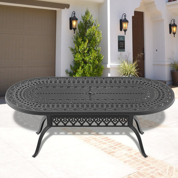 English Elm L81.89*w41.34-inch Cast Aluminum Oval Patio Dining Table Seats 8 Carved Black W1710P459503