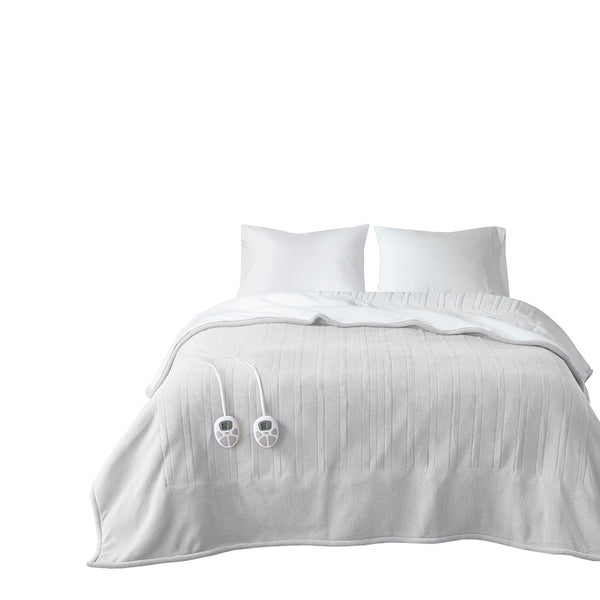 JLA Home Serta - Heated Serta Plush Sherpa Fleece Blanket with 10 Heat Settings, 1–12H Auto Shut-Off, Machine Washable Light Grey ST54-0138