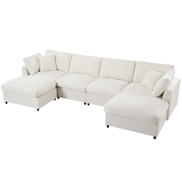 English Elm U_style Six Seat Chenille U Shaped Sectional Modular Sofa with Movable Ottomans Beige WY000474AAA