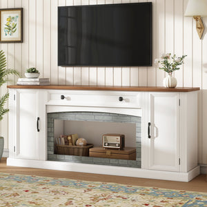 English Elm Elegant Walnut Media Console with Gray Brick Base Open Bay and Adjustable Shelving White N721P394506K
