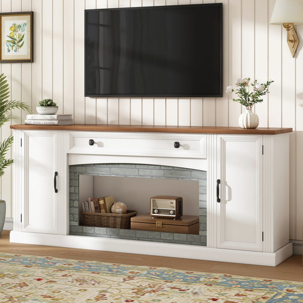 English Elm Elegant Walnut Media Console with Gray Brick Base Open Bay and Adjustable Shelving White N721P394506K
