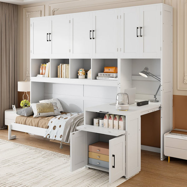English Elm Twin Murphy Wall Bed with Integrated Closet Drawers and Desk for Studio Spaces White LP000595AAK-2