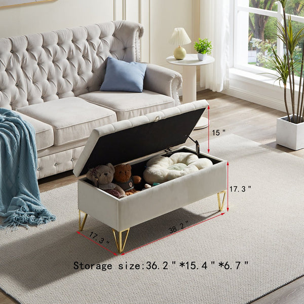 English Elm Fashion Velvet Storage Bench with Gold Steel Legs for Bedroom Entryway Living Room W2082P176563