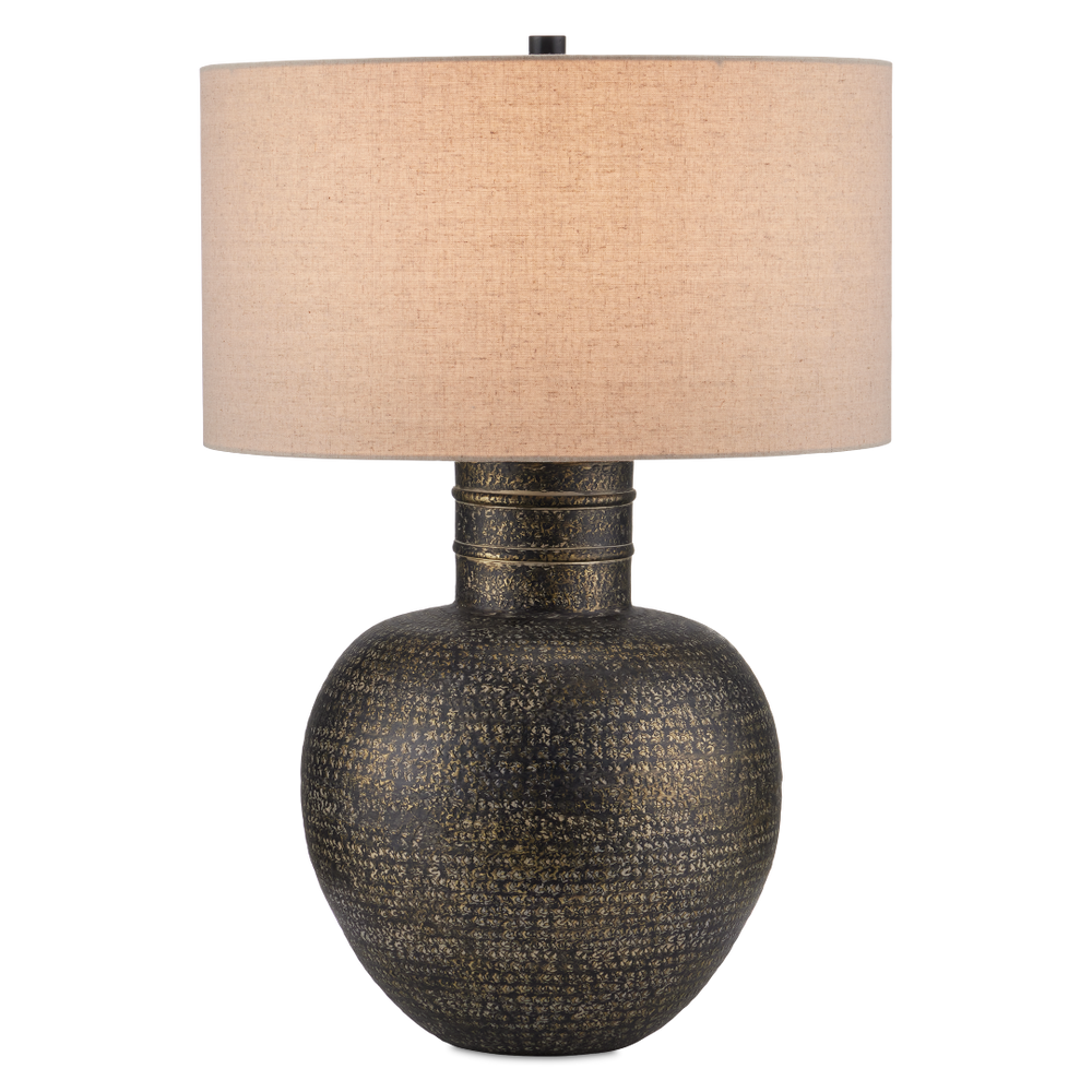 Braille Table Lamp - Rustic Antique Brass Finish, Handcrafted Aluminum Design with Natural Linen Shade