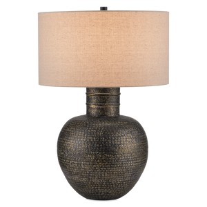 Braille Table Lamp - Rustic Antique Brass Finish, Handcrafted Aluminum Design with Natural Linen Shade