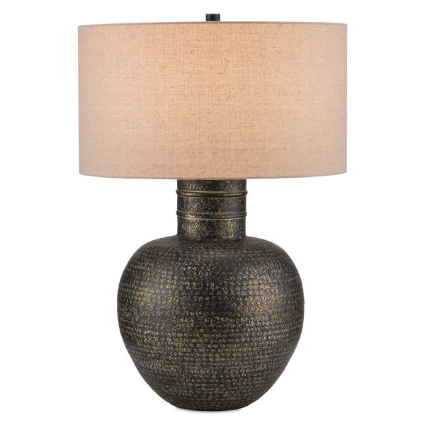 Braille Table Lamp - Rustic Antique Brass Finish, Handcrafted Aluminum Design with Natural Linen Shade
