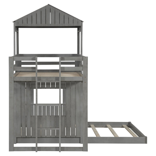 English Elm Wooden Twin Over Full Bunk Bed Farmhouse Playhouse Design with Ladder Guardrails LT000327AAE-1