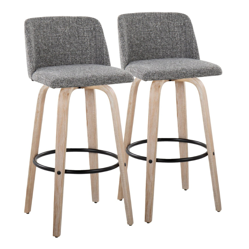 English Elm Toriano 30" Mid-Century Modern Barstool Set Of 2 - Swivel Grey Noise Fabric & White-Washed Wood Legs B202S00685-GIGA