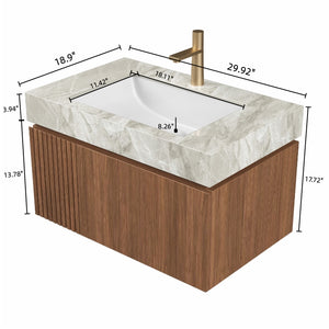 English Elm MURI Luxury Wall-Mounted 30" Bathroom Vanity with Sintered Stone Countertop and Ceramic Basin, Plywood Cabinet Brown Oak,Light Gray W2615S00331