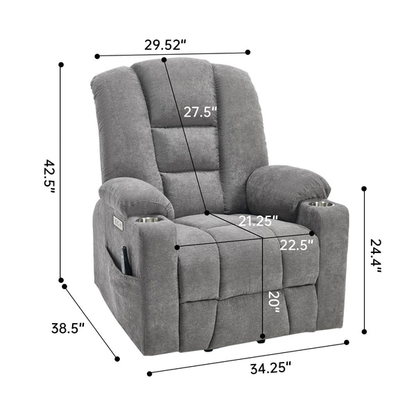 English Elm Emon's Overstuffed Chenille Power Lift Recliner with Massage Heat and Charging Ports Light Gray W1803S00091