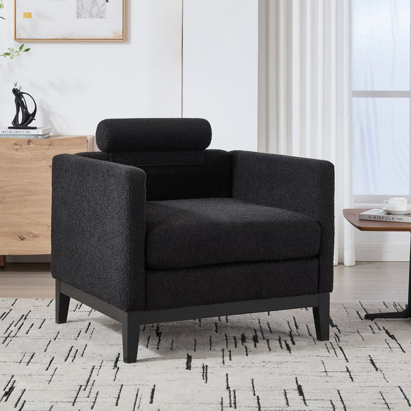 English Elm 35.4" Wide Modern Farmhouse Accent Chair In Black Boucle With Bolster Pillows For Cozy Living Spaces W3118P283470