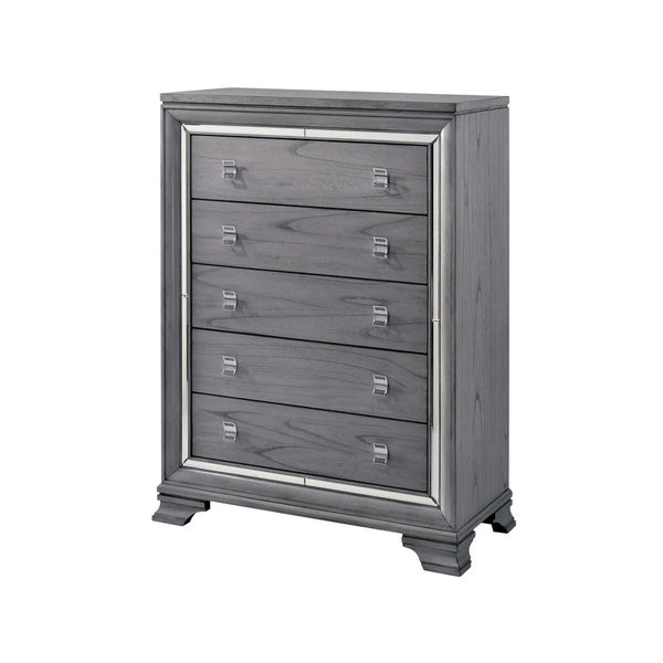 English Elm Contemporary Chic Five-Drawer Chest with Chrome Legs, High-Gloss Coating, Smooth Modern Design Light Gray 42 L x 21 W x 58 H B2741P368144