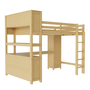 English Elm Full Size Pine Loft Bed House Frame with Slide Bookshelves and Moon Star Rails W1580S00163