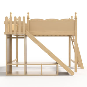 English Elm Twin Loft Bed Solid Pine Frame with Wardrobe Shelving Detachable Slide Kids Room Natural W5305S00017