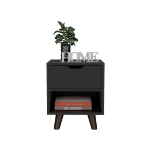 English Elm Modern Nightstand With Spacious Drawer & Open Shelf - Chic Black Design For Minimalist Spaces B097132940