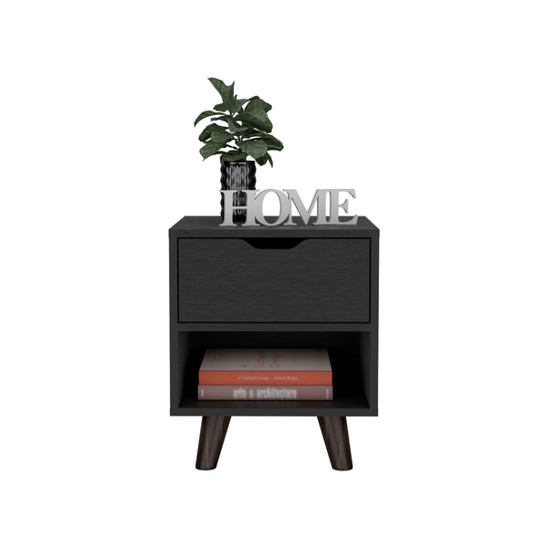 English Elm Modern Nightstand With Spacious Drawer & Open Shelf - Chic Black Design For Minimalist Spaces B097132940
