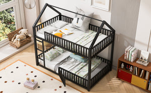 English Elm Metal Twin over Twin House Bunk Bed with Playful Roof, Sturdy Metal Frame, Quiet Support for Kids Black N709P214091B