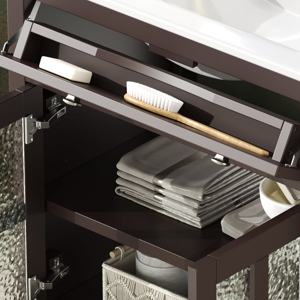English Elm Christopher Knight Home® - 30" Bathroom Vanity with Ceramic Sink, Solid Wood Legs, Adjustable Shelf, Tip-Out Tray, Soft-Close Hinges, Silver Knobs, Moisture-Resistant Finish Dark Brown N817P286250D