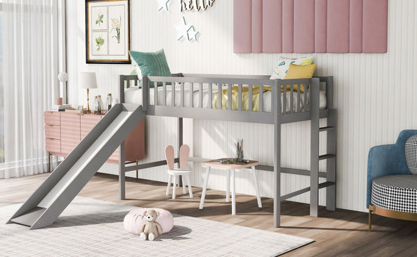 English Elm Twin Low Loft Bed with Slide and Ladder — Space-Saving Pine & MDF Frame, Quiet Durable Design Gray WF286078AAE