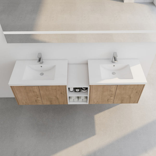 English Elm 72 Inch Wall Mounted Vanity with Resin Sink, Soft-Close Doors, Ample Storage Shelves, Durable Eco Plywood Finish Imitative Oak W999S00188