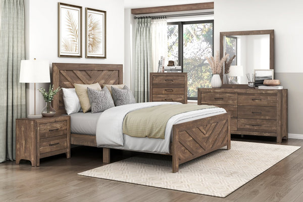 English Elm Rustic Queen Panel Bed with V-Pattern Headboard, 3D Paper Veneer Wood Look, Boxed Easy Assembly Rustic Brown 60.25 L x 39.75 W x 6.5 H B011P250472