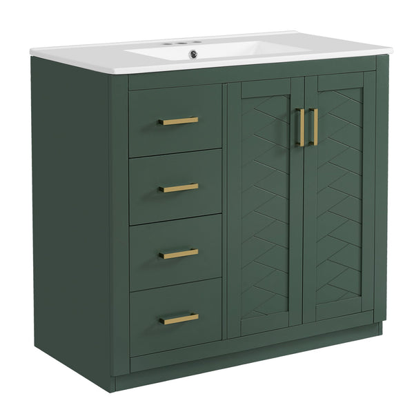 English Elm 36'' Bathroom Vanity with Ceramic Sink Combo, Solid Wood Frame, Soft-Close Drawers and Stylish Retro Groove Design Green N710P291684F