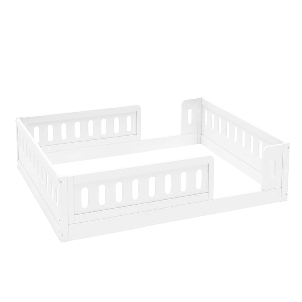 English Elm Wood Full Size Kids Platform Bed Solid Pine Guardrail Low Profile Safe Sleep Frame White N709P321458K