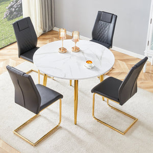 English Elm Table and Chair Set Extendable Mdf Round Oval Dining with Gold Arched Legs Black,White+Gold W1151S03945