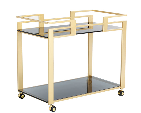 Sunpan Avondale Glamorous Bar Cart with Matte Gold Steel Frame & Black Glass Shelves for Stylish Serving