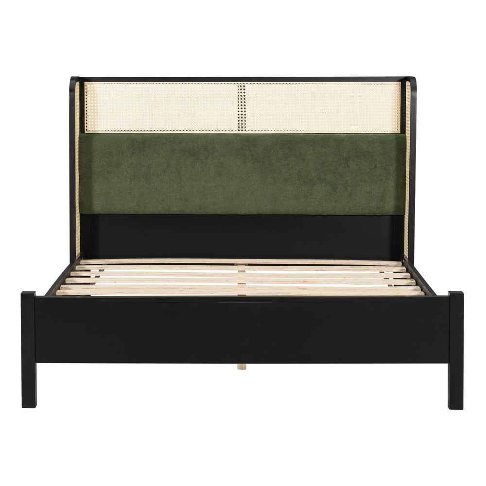 English Elm Queen Platform Bed Solid Wood Frame Velvet Headboard Modern Minimalist Bedroom N770PQ375070B