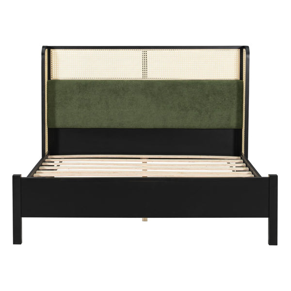 English Elm Queen Platform Bed Solid Wood Frame Velvet Headboard Modern Minimalist Bedroom N770PQ375070B
