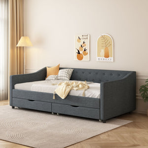 English Elm Twin Size Daybed With Storage Drawers, Elegant Upholstered Tufted Sofa Bed In Dark Grey Color W2336S00038-GIGA