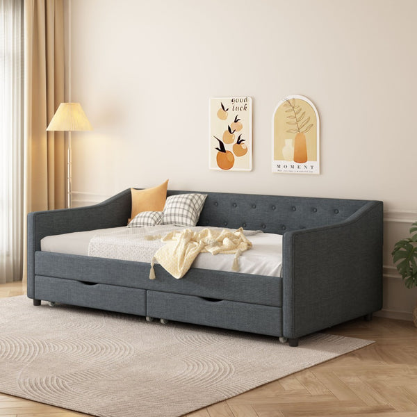 English Elm Twin Size Daybed With Storage Drawers, Elegant Upholstered Tufted Sofa Bed In Dark Grey Color W2336S00038-GIGA