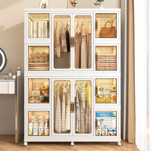 English Elm Portable Wardrobe Closet Organizer with 12 Magnetic Doors, 12 Cubes, 2 Rods, 16 Hangers — Durable PP Storage Cabinet White W2699P184784
