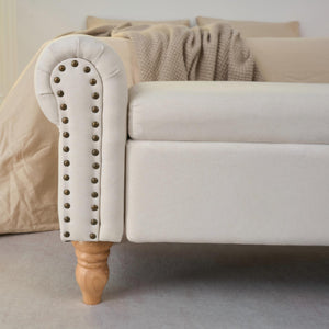 English Elm Storage Ottoman Bench Upholstered in Beige Fabric with Rolled Arms and Rubberwood Legs W3523P450228