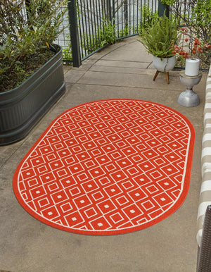 Unique Loom Outdoor Trellis Kafes Machine Made Geometric Rug Rust Red, Ivory 5' 3" x 8' 0"