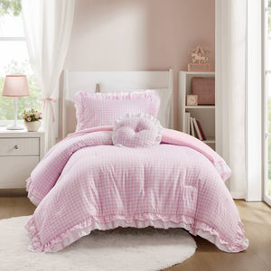 English Elm 3-piece Cottage Gingham Comforter Set with Ruffle Trim and Round Throw Pillow Pink B035P463187
