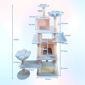 English Elm 71 Inch Floral Cat Tower with Condo Hammock Sisal Posts and Plush Perches for Large Breeds Blue W243P326628