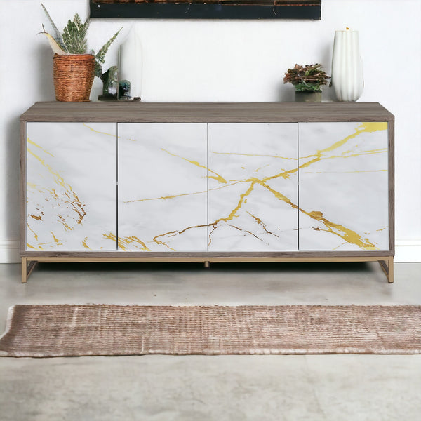 English Elm Paavan White Marble Paint Console Cabinet with Oak & Champagne Accents, 4 Compartments, Modern Storage B2726P245876
