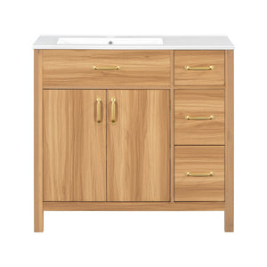 English Elm 36" Wood Bathroom Vanity with Solid Frame, Gold Handles, 3 Soft-Close Drawers & 2 Doors, Spacious Countertop N729P204176N