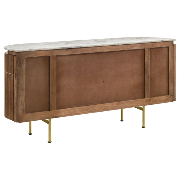 English Elm Feast Natural 4-door Sideboard Buffet Cabinet with White Marble Top, Mango Wood, Brass Inlay, 63" B062P342730